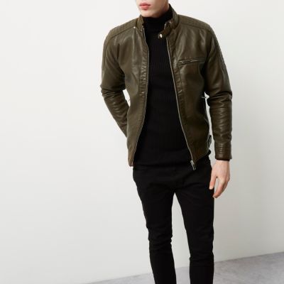 Green racer neck faux leather jacket